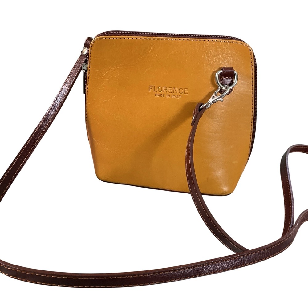 Florence Leather Purse Crossbody Bag Mustard Yellow Brown Neutral Made in Italy